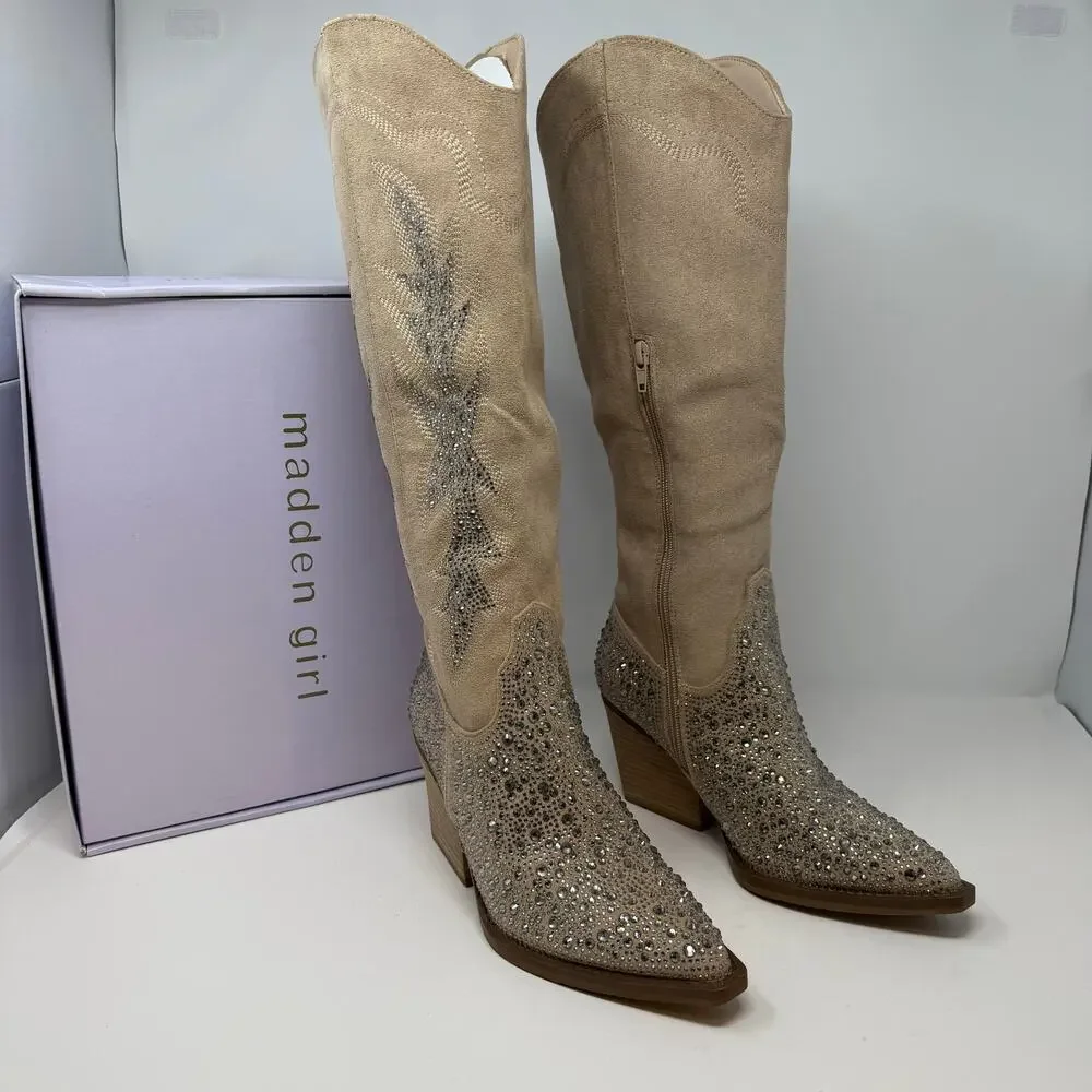 Madden Girl Apple Western Boots Womens 8 Sand Rhinestones Cowboy Boots NIB - Picture 7 of 15